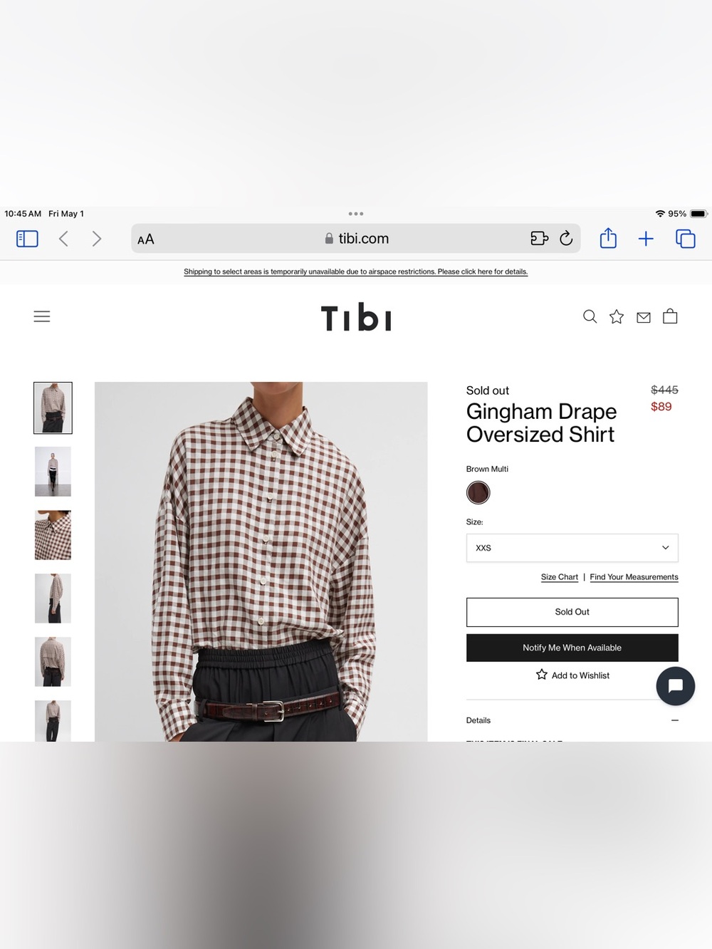 Tibi Brown Multi Gingham Drape Oversized Shirt XXS